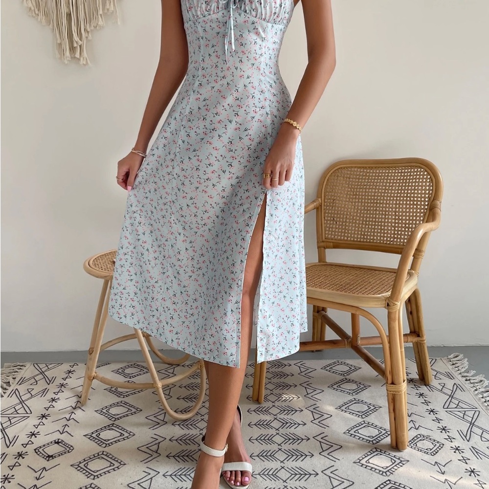 SHEIN Blue Ribbed Spaghetti Strap Midi Sundress